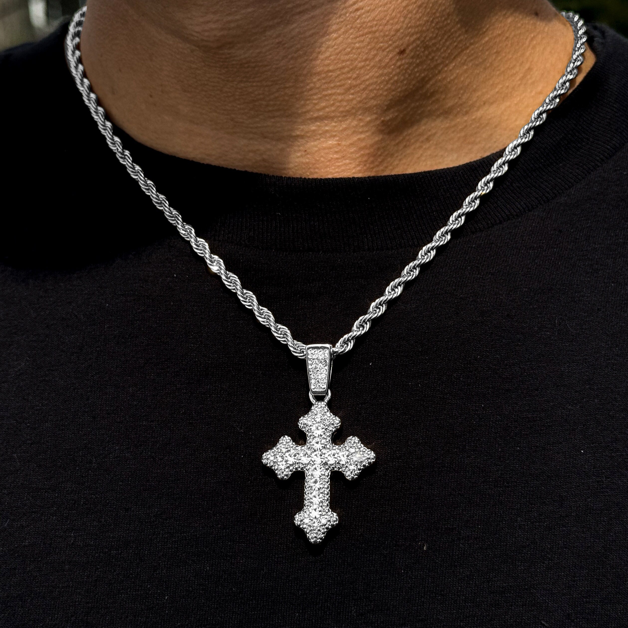 Men's Medium Gothic Cross Pendant with 4mm Rope Necklace