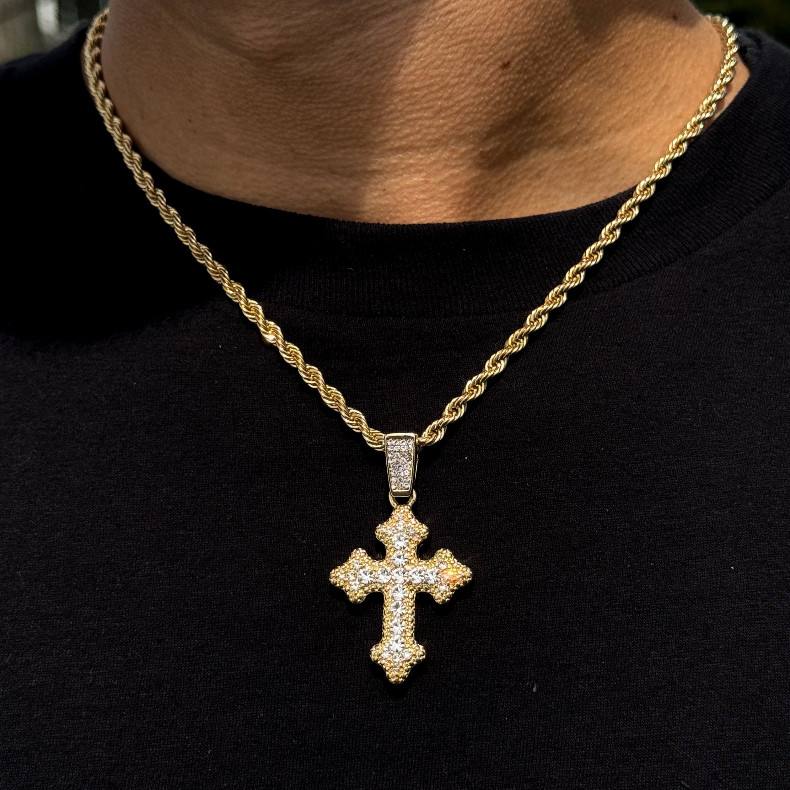 Men's Medium Gothic Cross Pendant with 4mm Rope Necklace