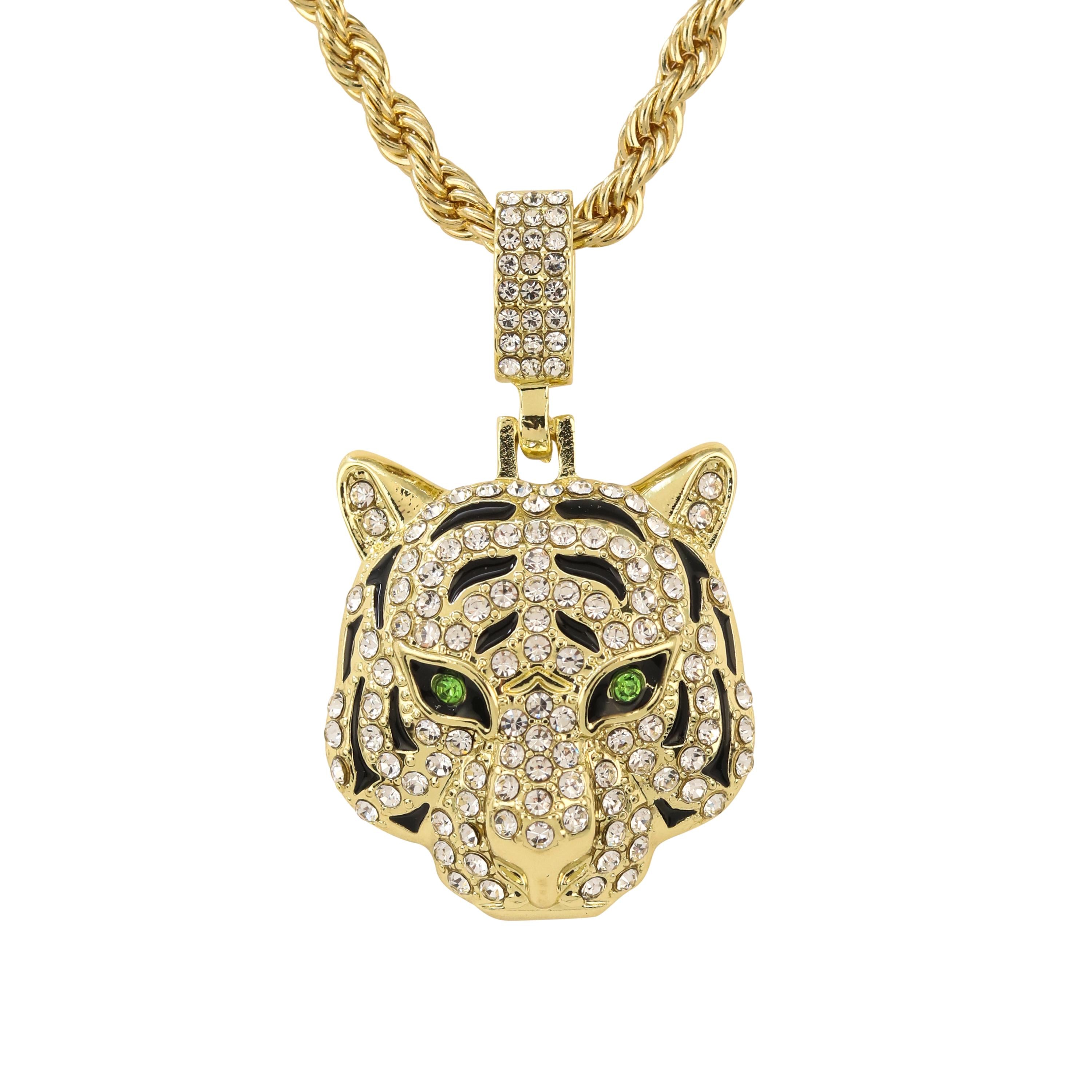 Men's Iced Out Tiger Pendant with 4mm Rope Necklace