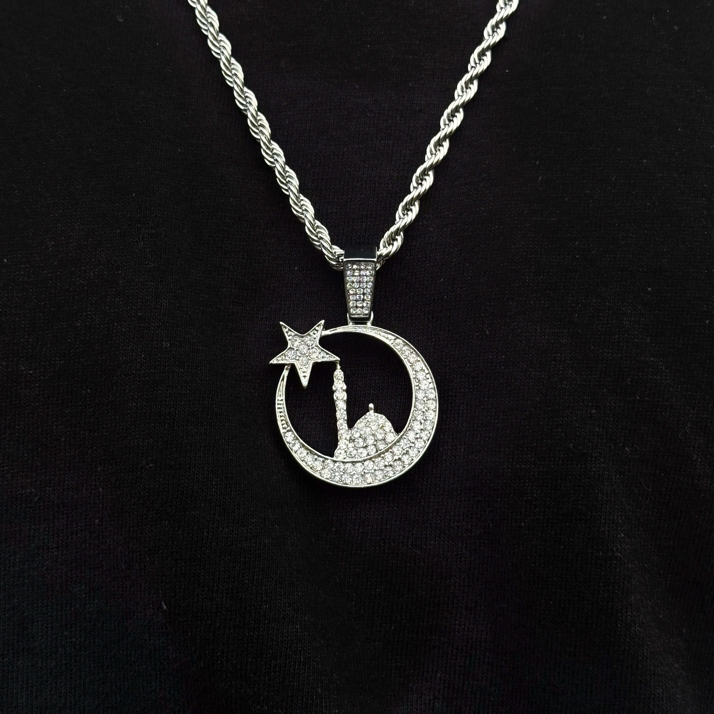 Men's Medium Islamic Moon Pendant with 4mm Rope Necklace