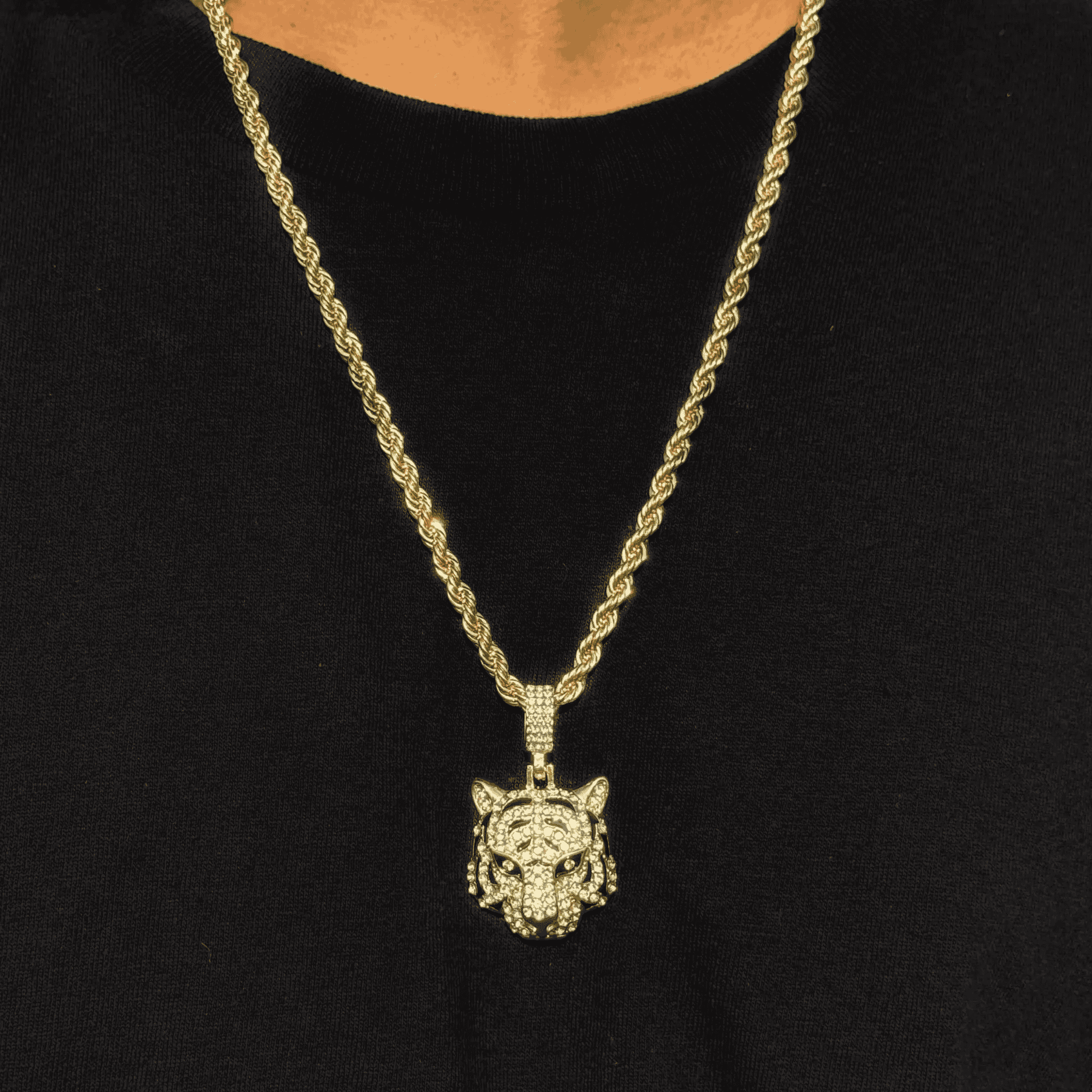 Men's Iced Out Tiger Pendant with 4mm Rope Necklace