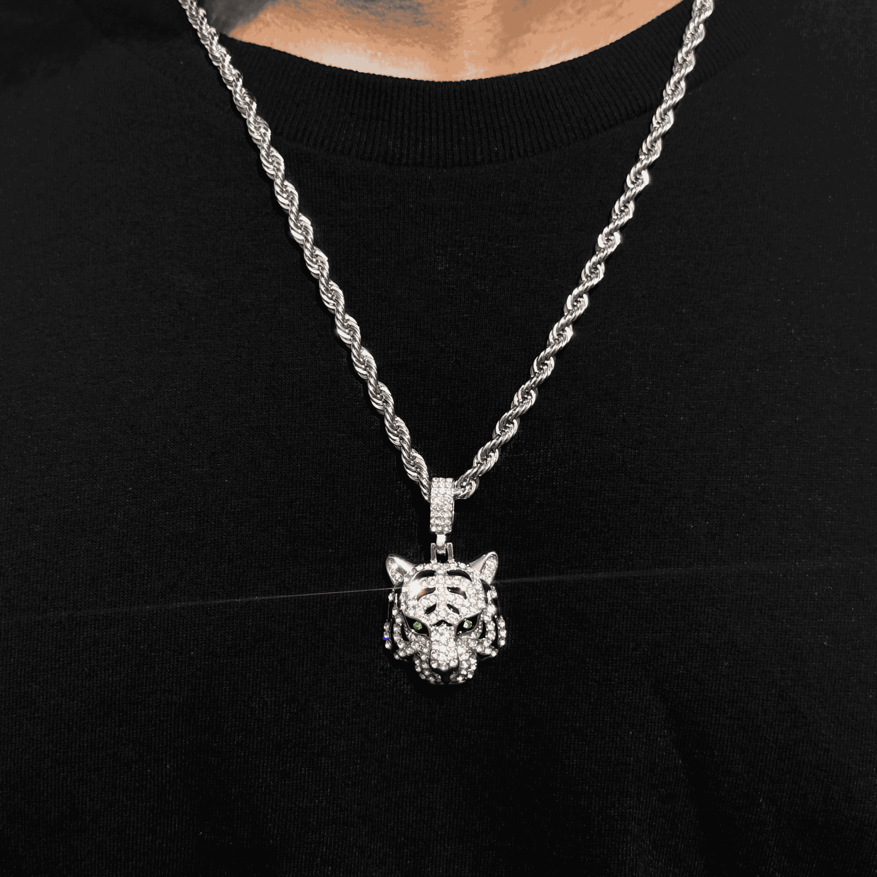 Men's Iced Out Tiger Pendant with 4mm Rope Necklace